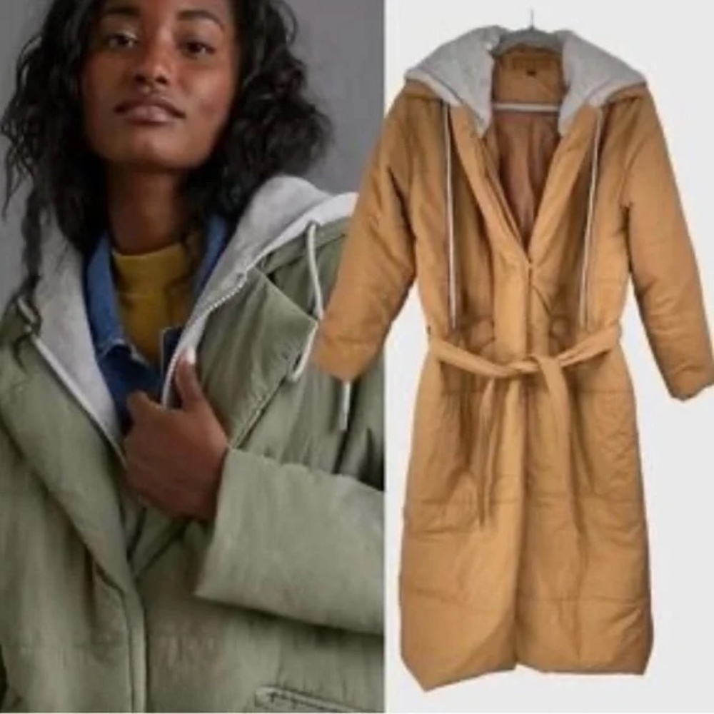 Black BLANK NYC Small Belted Puffer Trench Coat Jacket Attached Hood Gray